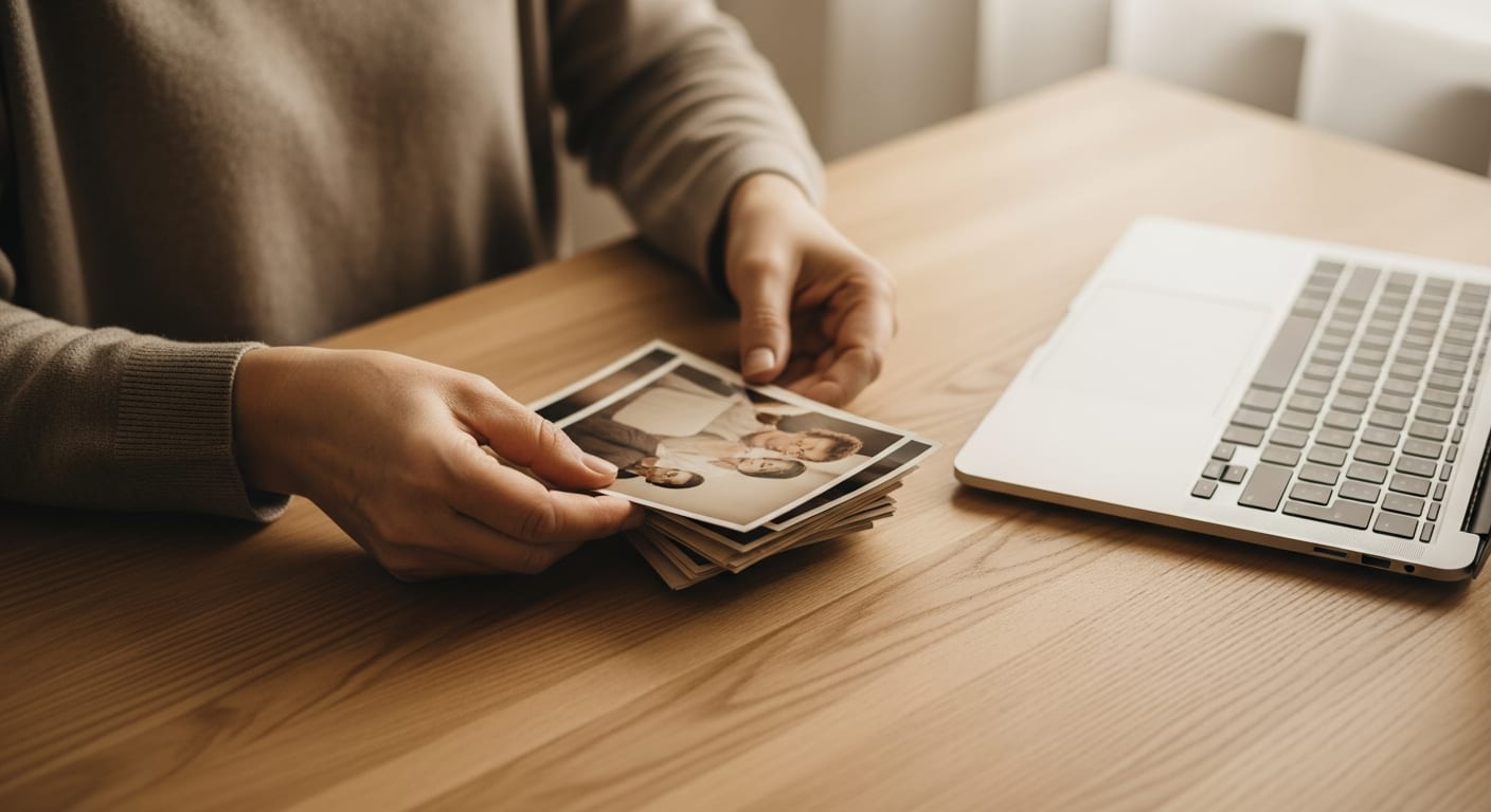 Hände sortieren alte Familienfotos neben einem Laptop — Vorbereitung einer digitalen Gedenkseite
