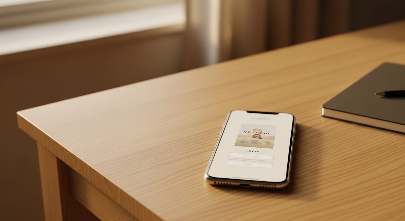 Smartphone auf einem Holztisch zeigt eine schlicht geladene Gedenkseite ohne Login — Sinnbild für eine datenbankfreie, stabile Technik