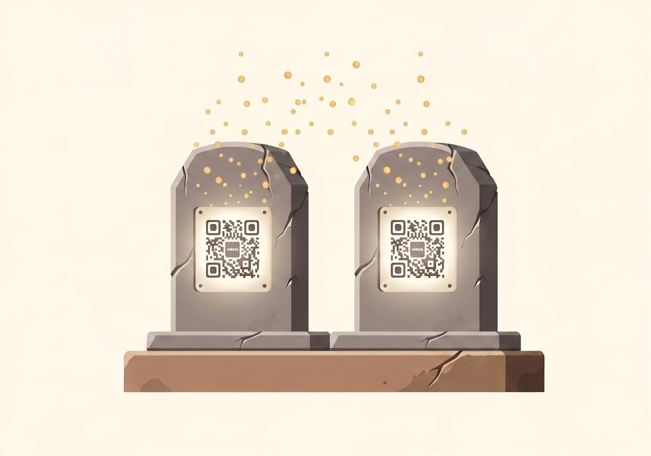 Zwei Grabsteine mit je einer leuchtenden QR-Code-Plakette auf gemeinsamem Sockel als Sinnbild für eine digitale Gedenkseite, die mehrere Angehörige eines Familiengrabs verbindet