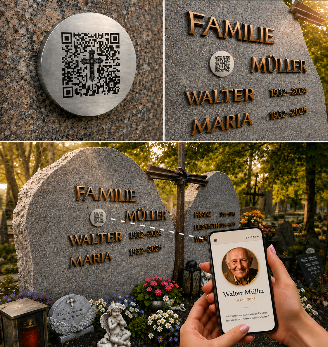 Digitale Edelstahl-Gedenkplatte mit QR-Code am Familiengrabstein Müller und Smartphone mit geöffneter Epitaph-Gedenkseite