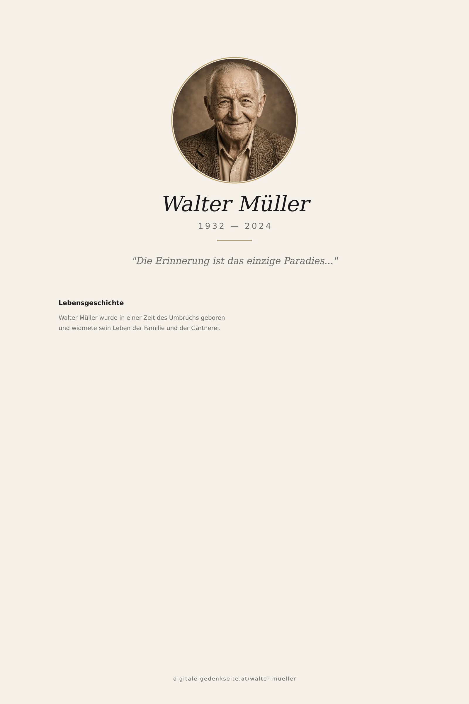Digitale Gedenkseite im Browser mit Portrait, Name, Lebensdaten und Lebensgeschichte