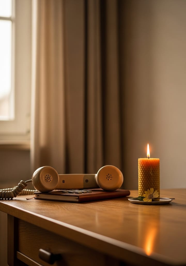 Ruhiger Schreibtisch am Fenster mit Telefonhörer, Notizbuch und Kerze – Sinnbild für persönliche Begleitung ohne Eile.