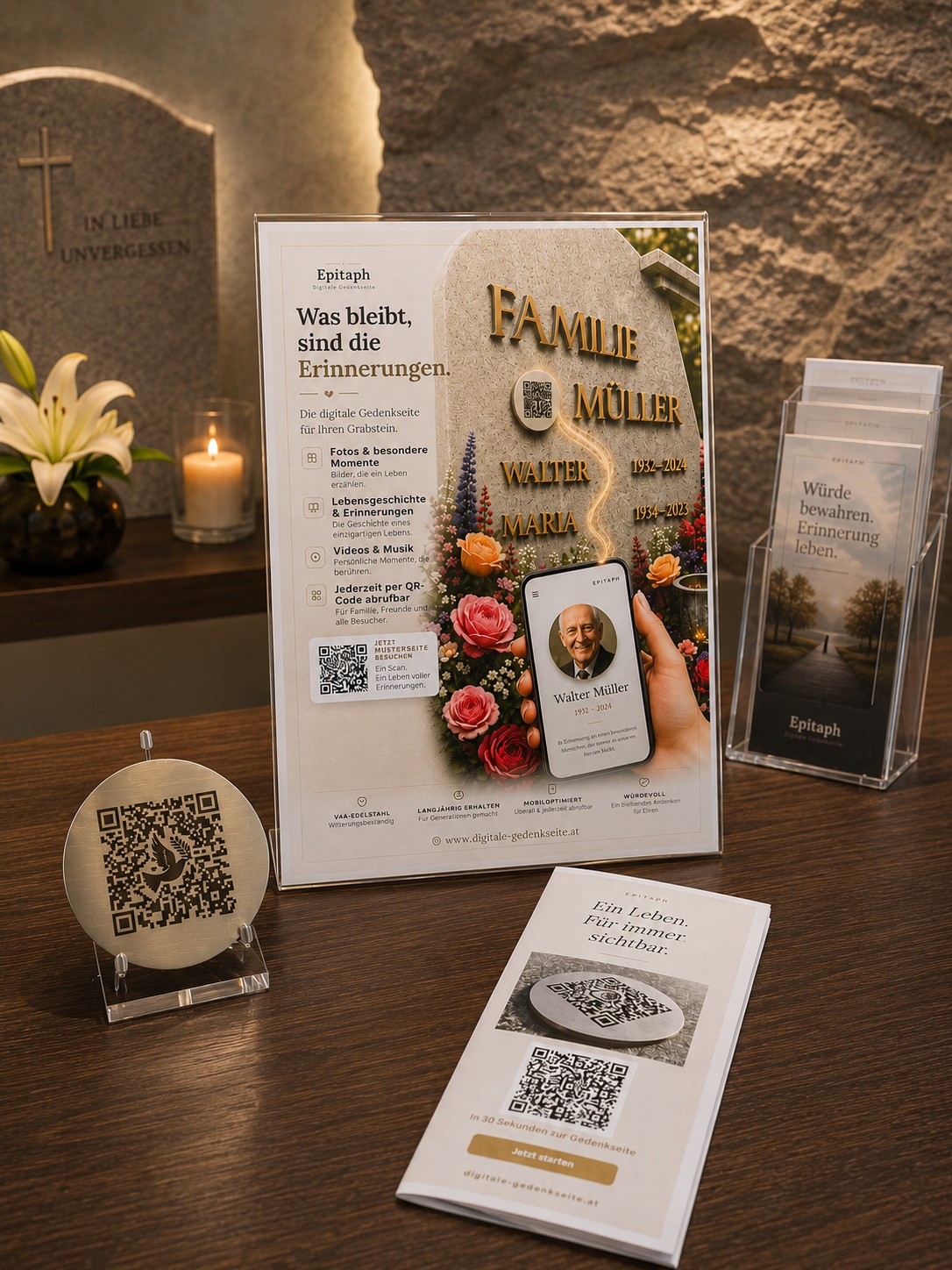Partner-Materialien von Epitaph: Aufsteller, QR-Plakette aus Edelstahl und Kundenflyer auf einem Tisch im Bestattungsraum.