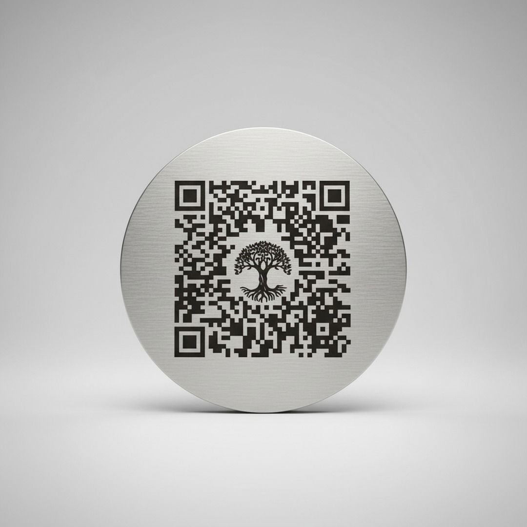 QR-Code Plakette mit Lebensbaum-Motiv aus Edelstahl für Grabstein
