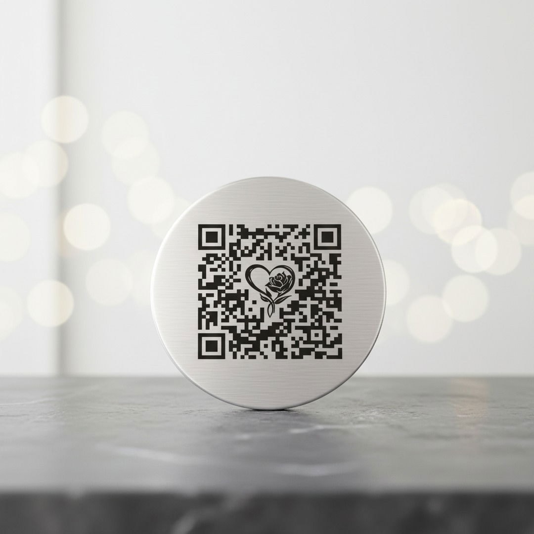 QR-Code Plakette mit Herz & Rose-Motiv aus Edelstahl für Grabstein