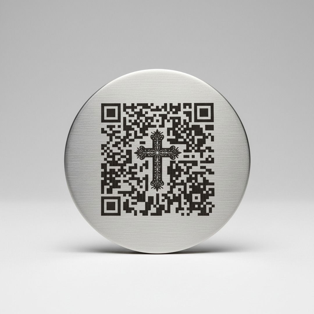 QR-Code Plakette mit Kreuz-Motiv aus Edelstahl für Grabstein