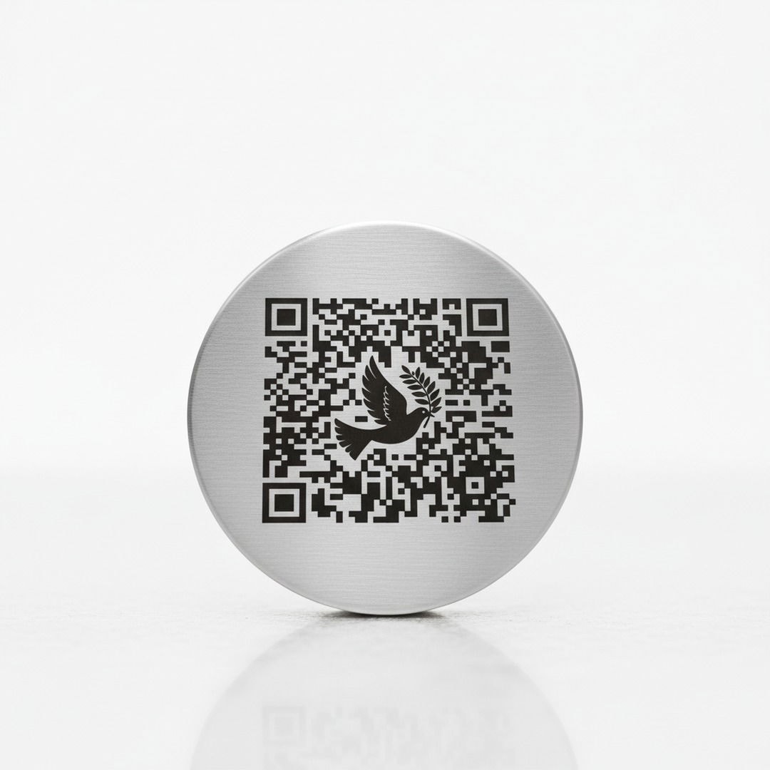 QR-Code Plakette mit Friedenstaube-Motiv aus Edelstahl für Grabstein