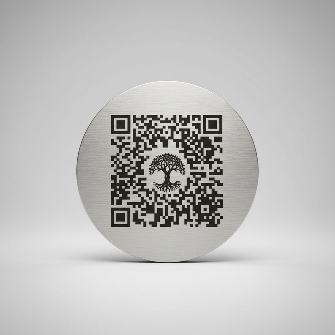 V4A-Edelstahl-QR-Plakette mit Lebensbaum-Symbol für den Grabstein