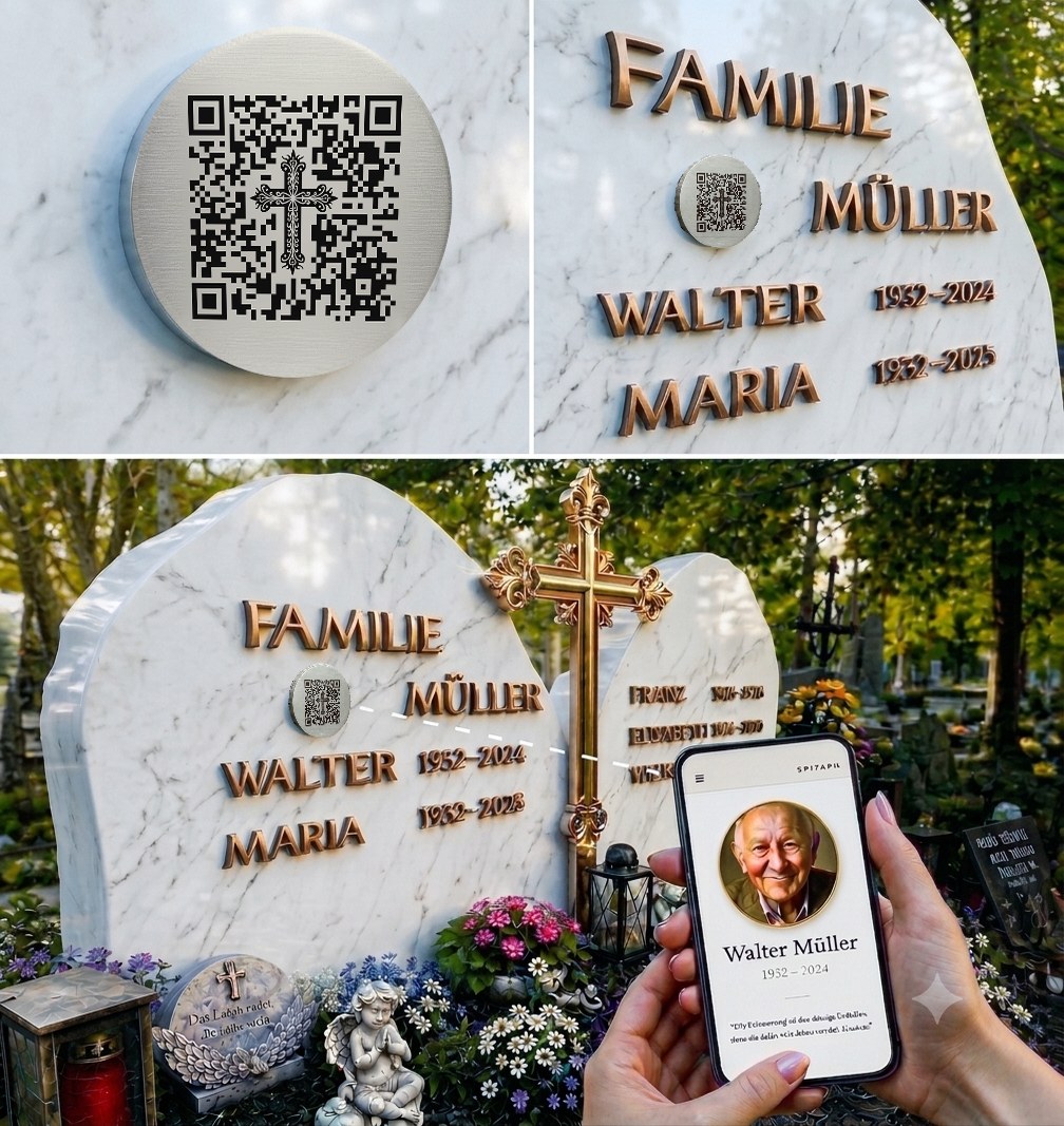 QR-Code-Plakette aus V4A-Edelstahl am Marmorgrabstein der Familie Müller – ein Smartphone zeigt die geöffnete digitale Gedenkseite von Walter Müller