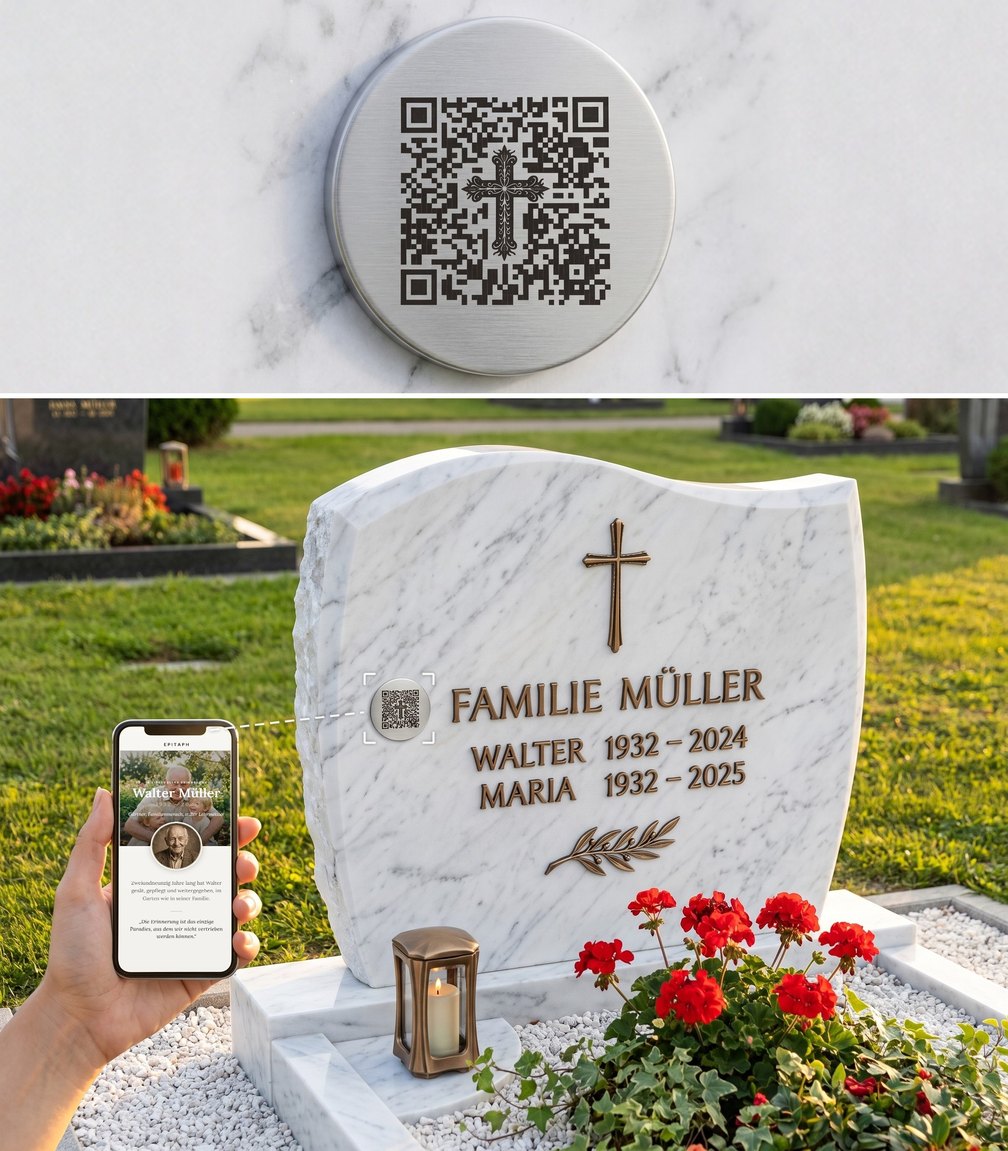 Edelstahl-QR-Plakette mit Kreuz in Nahaufnahme und am Marmorgrabstein der Familie Müller – ein Smartphone scannt den Code und zeigt die Gedenkseite von Walter Müller (Musterdarstellung, teilweise KI-generiert)