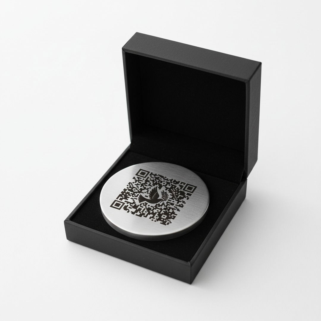 V4A-Edelstahl-QR-Plakette mit Friedenstaube-Symbol in hochwertiger Geschenkbox